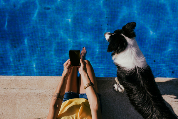 woman on her smartphone next to a pool with a dog