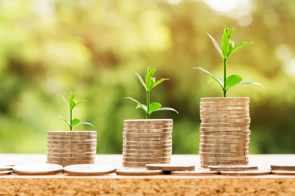 stacked coins with plants growing out of the top of them.