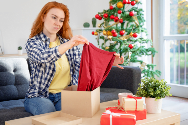 A woman opening a christmas present that is unsure about the gift.